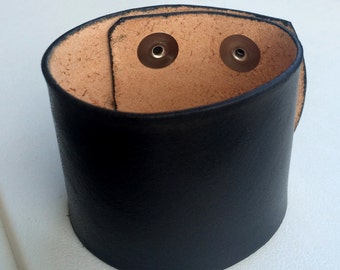 Leather Cuff Bracelet 2" Wide Black Wristband by Shaterra