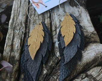 Layered Leather Feather Earrings