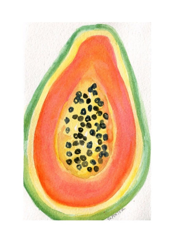 Papaya Watercolor Painting original small fruit art kitchen