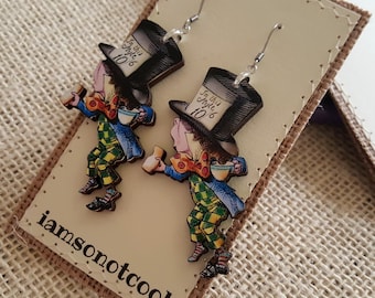 Mad Hatter Earrings handmade laser cut wood earrings alice in wonderland earrings book illustration earrings alice in wonderland jewelry