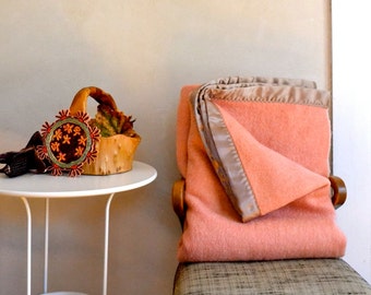 Vintage Wool Blanket Peachy Pink Upcycled with New Taupe/Tan Satin Binding