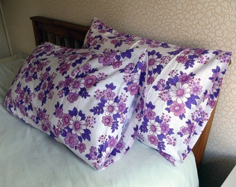 Vintage Pair of Pillowcases - Purple Flowers in Brushed Cotton