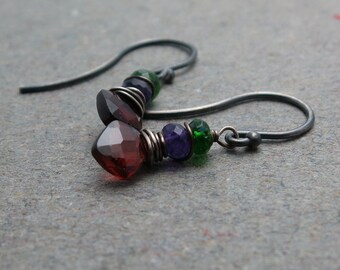 Garnet Earrings Geometric Jewelry January, February Birthstone Amethyst, Chrome Diopside Oxidized Sterling Silver Earrings