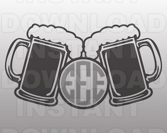 Beer Mugs SVG File,Monogram SVG,Beer SVG File,Cutting Template-Vector Clip Art for Commercial & Personal Use-Cricut,Silhouette,Cameo,Vinyl