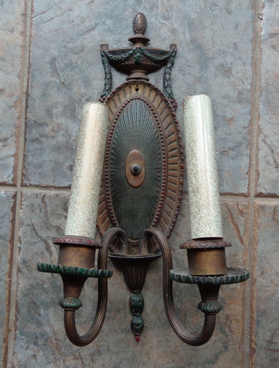 Vintage Ornate Art Deco Heavy Cast Brass Electric Wall Sconce on Antique Brass Electric Wall Sconces id=20458