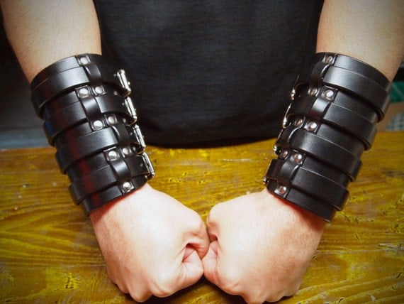 Pair of Black Leather wide Rocker Gauntlets BLS style Custom made for YOU in NYC by Freddie Matara