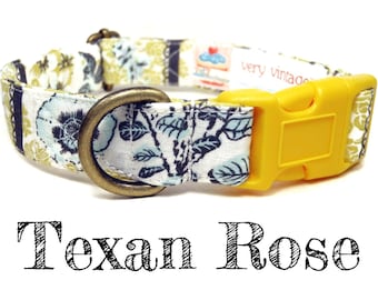 Vintage Dog Collar - Floral Roses Dog Collar - Girl Dog Collar - Shabby Chic Dog Collar - Antique Brass Hardware - "Texan Rose"
