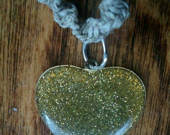 Gold Glitter Heart Pendant on Natural Hemp Choker