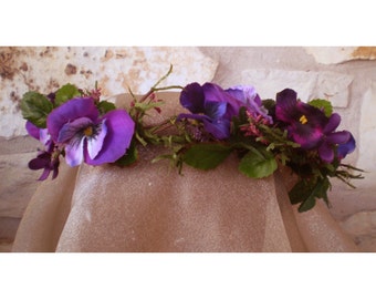 Pansy floral head wreath flower bridal crown accessory boho wedding head piece faerie renaissance costume fairy cosplay ritual wear
