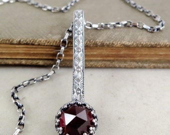 Garnet necklace, Sterling Silver, red gemstone pendant, Medieval style, Birthstone jewelry