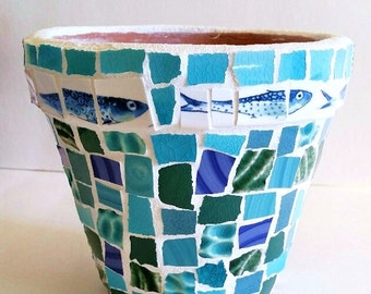 Mosaic Planting Pot--Caribbean Fish-Planter For Herbs, Flowers or Cactus-Utensil Holder- Ready to Ship Perfect Gifts
