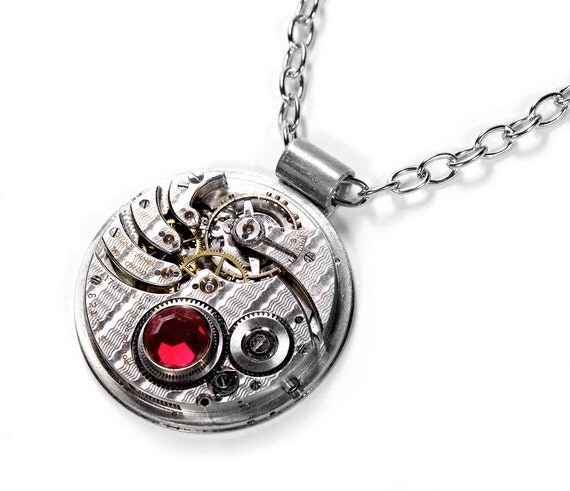 Steampunk Jewelry Necklace ROCKFORD Guilloche Pocket Watch Pendant RED SWAROVSKi Crystals Womens Valentines Gift Her - Jewelry by edmdesigns by edmdesigns steampunk buy now online