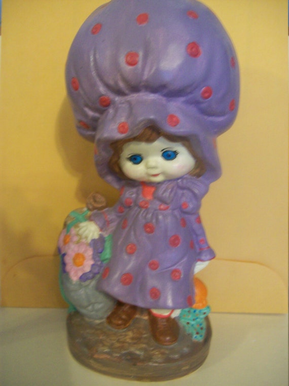 Girl with a purple bonnet carrying flowers, hand painted, ceramic, girls gift , girl's decor, girl's bedroom decor