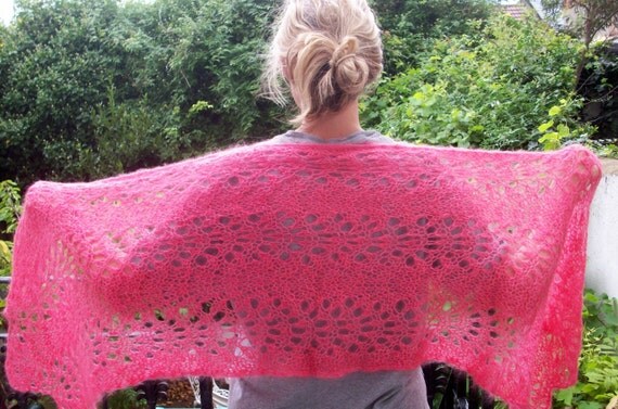 Lacy wrap, lightweight yarn, luxury yarn, kid mohair, silk, ultra soft scarf, coral pink
