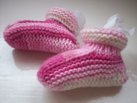 Vegan baby booties - fun, hand knitted, modern variegated pink colours