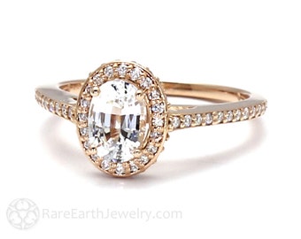 White Sapphire Engagement Ring Oval Halo Setting 14K 18K Gold or Platinum Bridal Jewelry Diamond Alternative