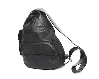 GRUNGE black leather 80s 90s TRIANGLE KNAPSACK mini hobo backpack purse bag