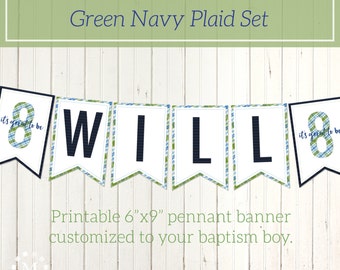 Personalized LDS Baptism Printable Banner for Boys - Olive Green Navy Blue - Plaid Style - Pennant Banner - It's Great to be 8