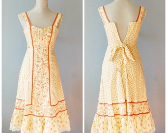 Vintage Sundress Size 5 1970s 80s Floral Bird Toile Boho Lace Up Front Small Homespun Label Extra Small