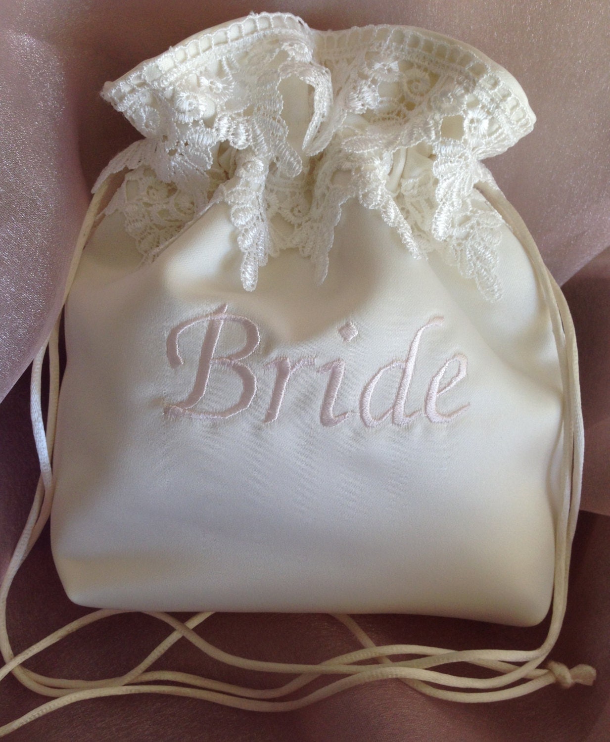 WEDDING BRIDAL BAG Ivory Embroidered Drawstring Bag w/Ivory