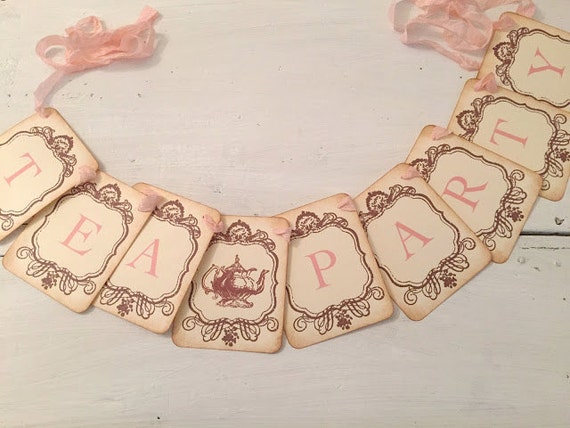 Princess Tea Party Banner Garland Sign Vintage Inspired Bridal Shower Decoration