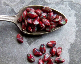 Czech Glass Beads-Glass Beads-Vintage Glass-Leaf Beads-Petal Beads-Curved Beads-Red-Picasso-50 Beads