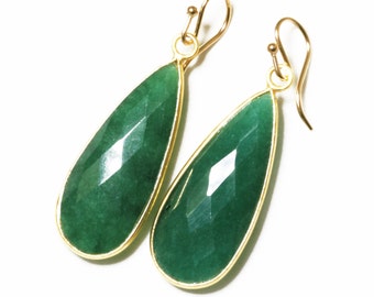 Green Emerald Earrings Precious Emerald Teardrop Earrings Real Emerald Genuine Emerald 14k Gold Bezel Earrings May Birthstone BZ-E-139-Em/g