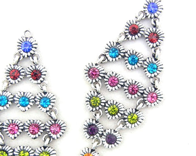 Pair of Antique Silver-tone Heart Chandelier Drop Charms Colored Rhinestones