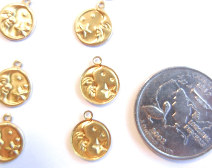 24 Pairs of Small Brass Celestial Charms Facing Moon and Stars