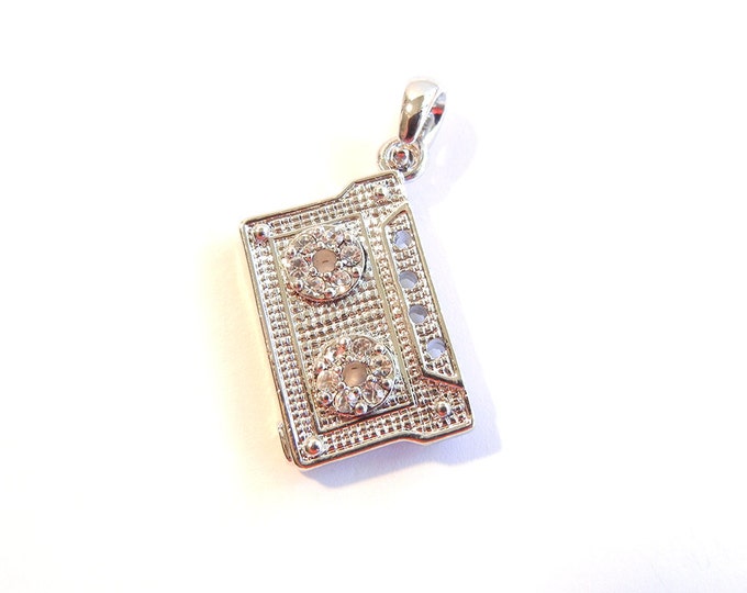 Rhinestone Cassette Tape Pendant Silver-tone