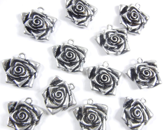 Set of 12 Antique Silver-tone Flower Charms