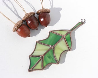 Stained glass oak leaf sun catcher with three natural real acorns with glitter acorn caps