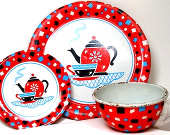 60s Tin Toy Tea Setting, 3 piece set, Coffee for One by Ohio Art Co. Cup, plate & saucer.