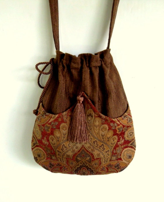 Brown and Rust Medallion Bag Tapestry Bag   Brown Bag With Tassel  Renaissance Bag