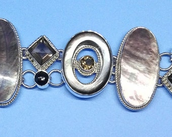 Onyx Smokey Topaz and Mother of Pearl Sterling Adjustable Bracelet