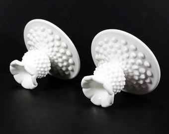 Vintage Pair of Round Hobnail Milkglass Candlestick Holders, Ruffled Rim