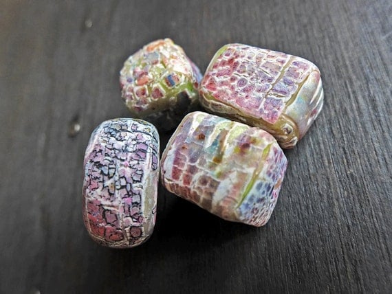 Broken Rainbows- rustic polymer clay art beads set (4) handmade artisan crackle beads by fancifuldevices