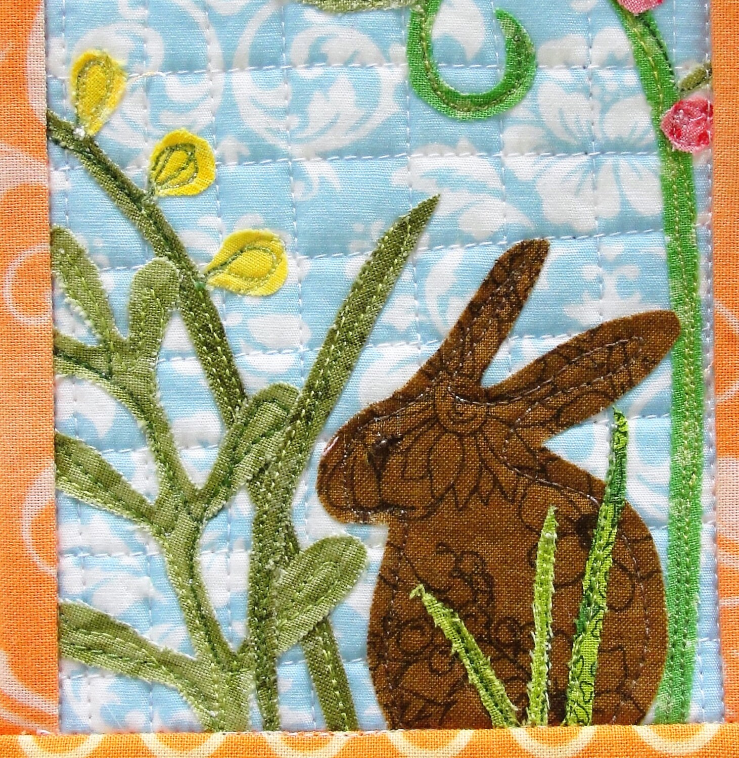 mini rabbit wall quilt brown rabbit on blue with fern and
