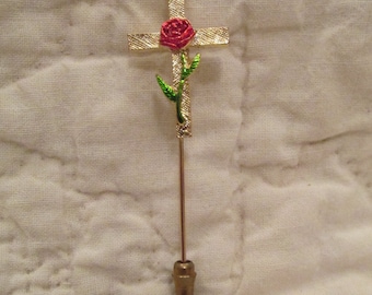 Vintage Stick Pin Cross with Rose