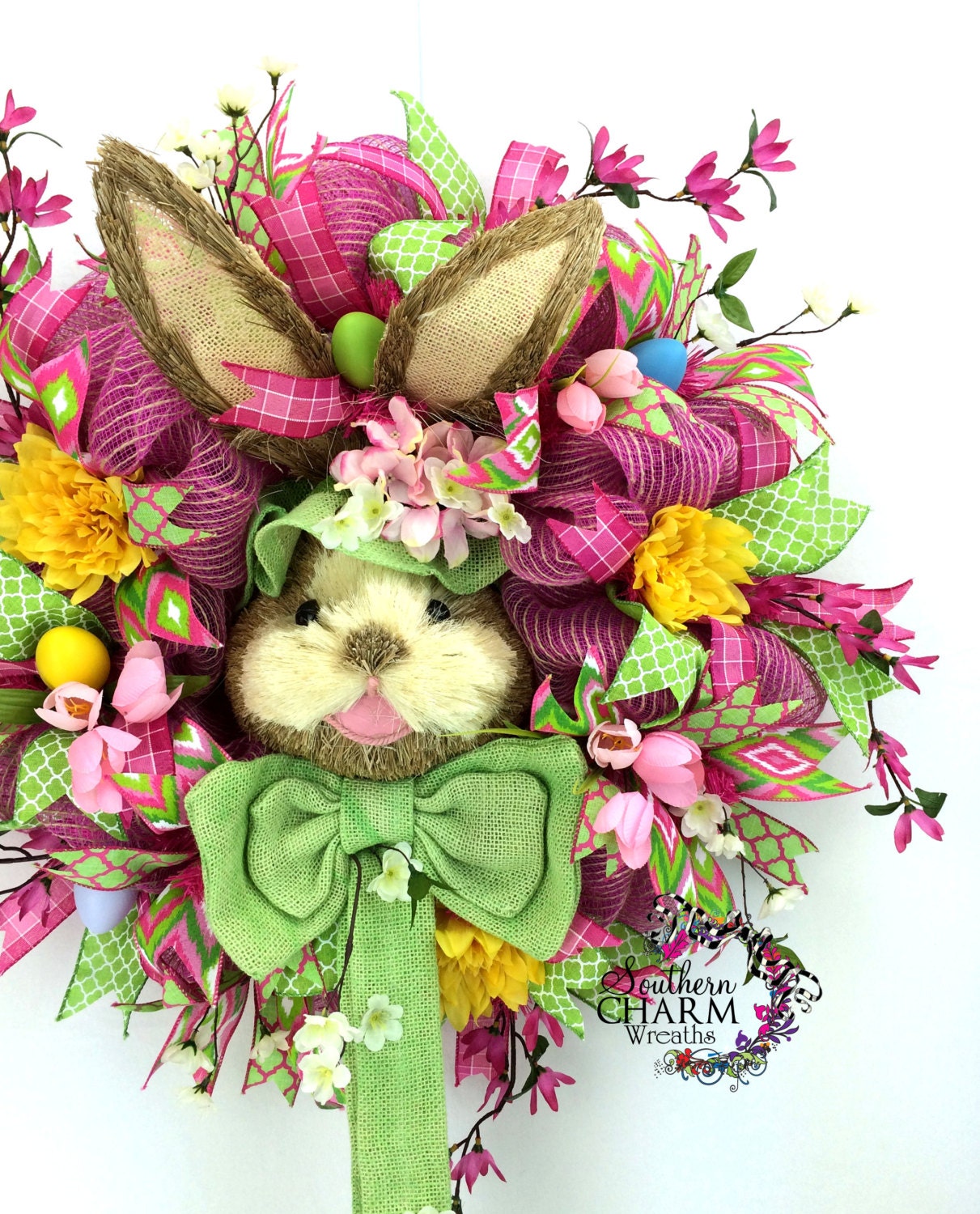 Deco Mesh Easter Bunny Wreath in Hot Pink & Lime Green with