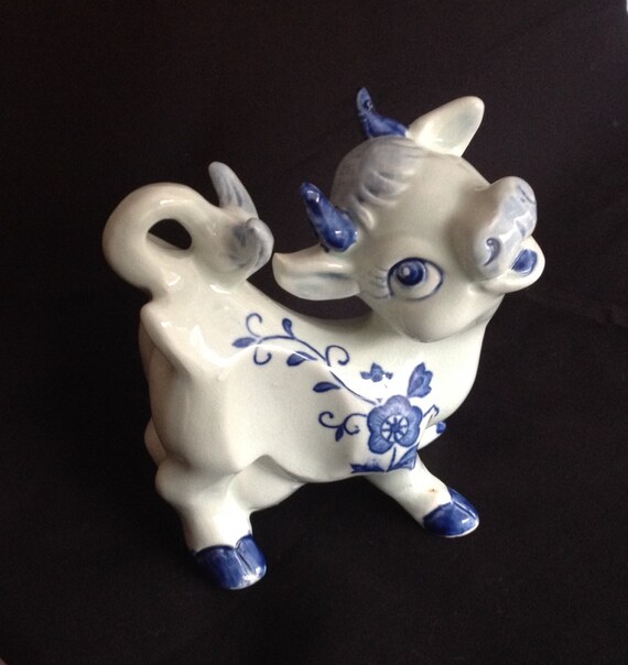 Cow Figurine Ceramic Blue and White