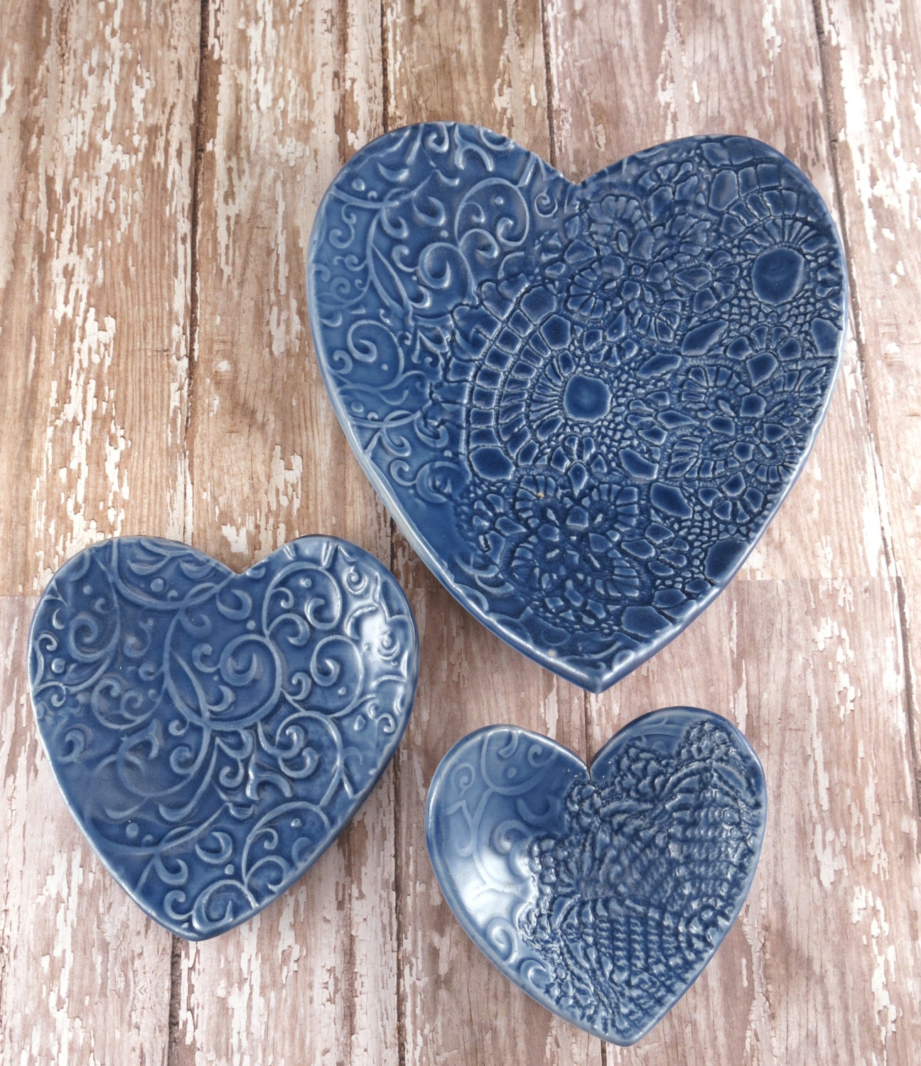 Pottery Heart Dishes Set of 3 Blue Ceramic Heart Plate Set