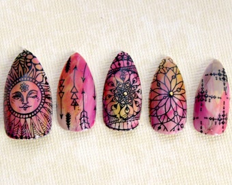 Boho Sunshine Stiletto Nails- Press On Nails- Stiletto Fake Nails- Acrylic Nail- Boho Hippie Free Spirit, Tie Dye Nail, Fake Nail