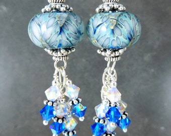 Aqua Blue White Glass & Crystal Dangle Earrings, Boho Dangle Earrings, Boro Lampwork Earrings, Sterling Silver Earrings, Gypsy Jewelry
