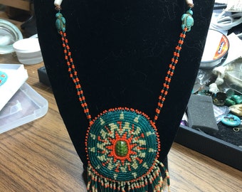 Hand beaded turtle rosette necklace