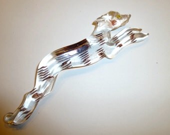 Running Greyhound Dog Carved Hand Painted Lucite Pin. Huge Almost Five Inches Long. Vintage Circa 1940s. USA. Great Detailing.