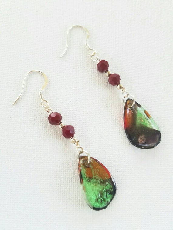 Items similar to Red glass earrings, fused glass earrings, dangle glass ...