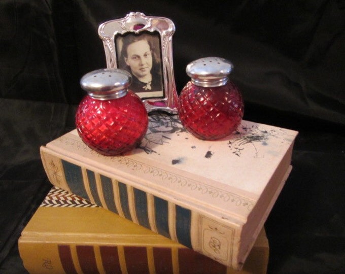 Avon Ruby Red Diamond Pattern With Silver Shaker "Wild Rose Sachet Powder" /Salt and Pepper Red Shakers, Glass Sachet Powder Shakers by Avon