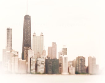 Chicago Skyline Wall Art, Photograph Chicago, white wall art print, neutral home decor, urban art, greige, grey, beige, Hancock building art