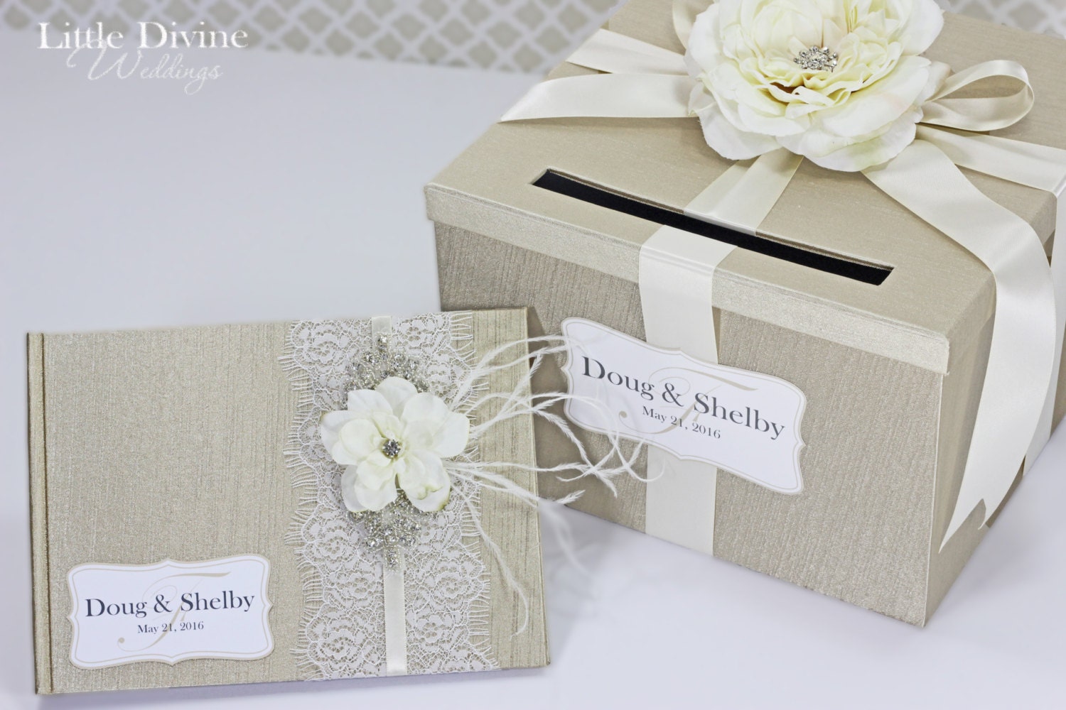 Wedding Card Box Guest Book Set Champagne and Ivory Money